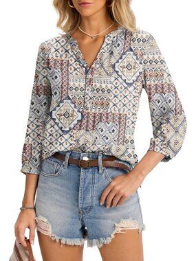 👑 Women Red Blue Ethnic Print 3/4 Sleeve Henley V Neck Pleated Button Front Top